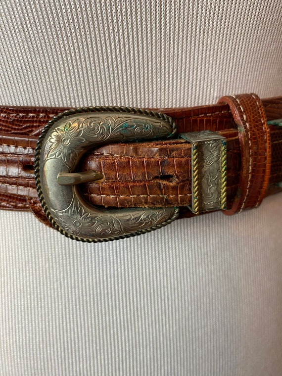 Vintage Reptile Lizard skin belt with ornate silv… - image 2