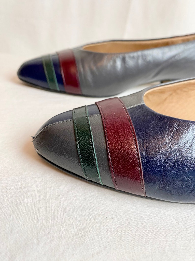 1980s retro color block leather shoes by Nina/ slip on flats womens vintage fashion grey blue green burgundy/ Ninas 80s /US size 7 image 6