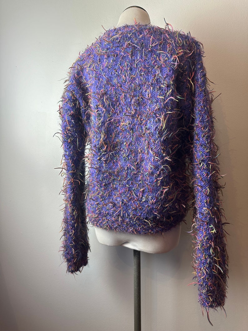 90s Colorful periwinkle yarny mohair textile sweater pullover v-neck wacky knotted confetti knit retro soft whimsical boxy /size Small image 5