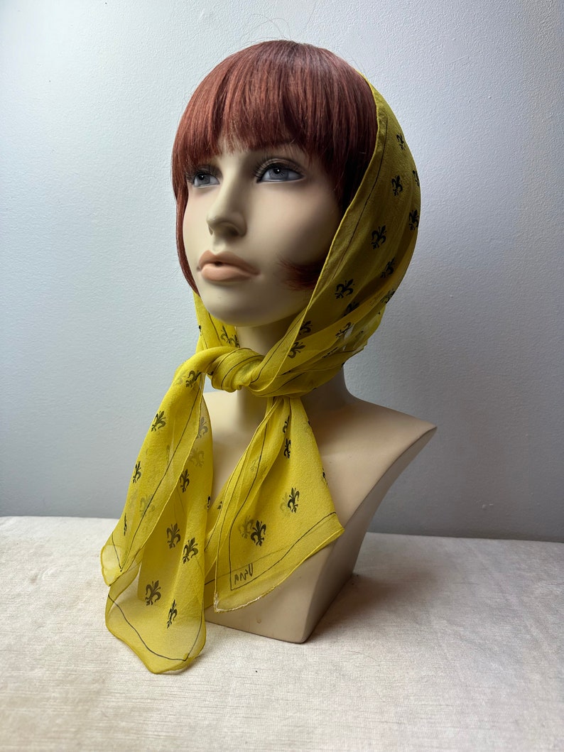 Vera 100% crepe silk scarf/ Fleur-des-lis print/yellow & black sheer long thin neck scarves head scarf neckerchief image 8