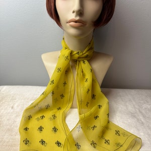 Vera 100% crepe silk scarf/ Fleur-des-lis print/yellow & black sheer long thin neck scarves head scarf neckerchief image 4