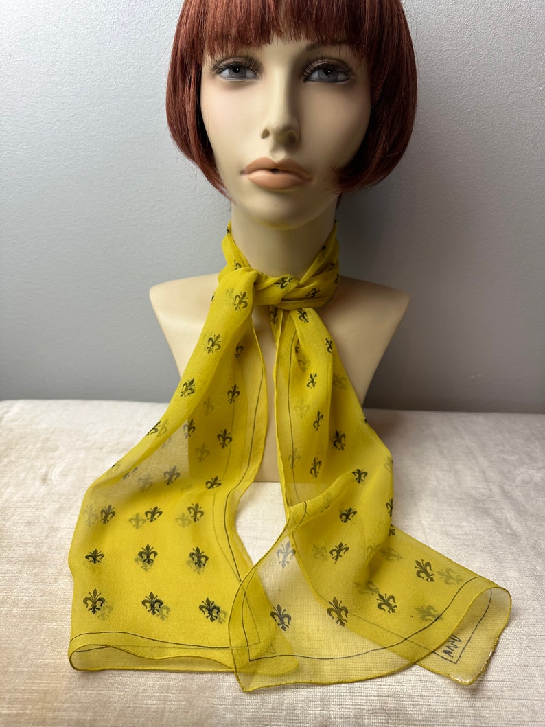 Vera 100% crepe silk scarf/ Fleur-des-lis print/yellow & black sheer long thin neck scarves head scarf neckerchief image 4