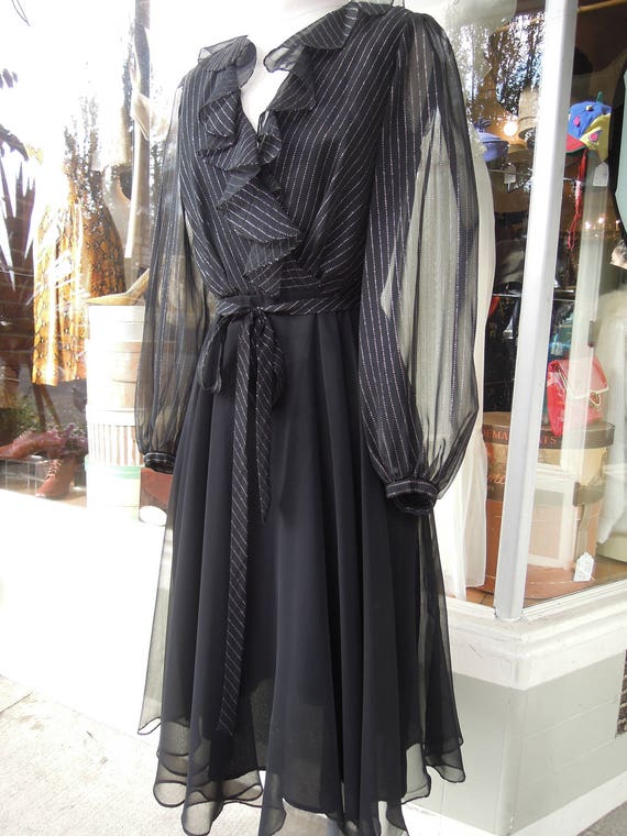 60’s 70's sheer black dress~ Juliet sleeves~ fine