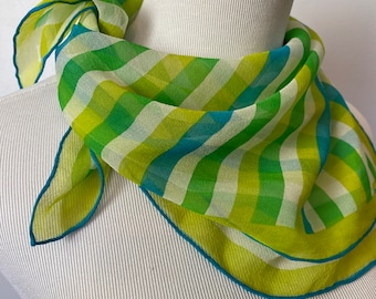 Vera scarf 1960’s green striped 100% silk crepe textured neckerchief hair scarves Mod retro groovy greens 25" square Vera brand