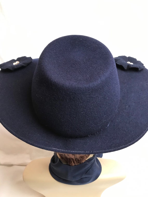 40’s wide brim hat navy blue felt~ pinup style ww… - image 4