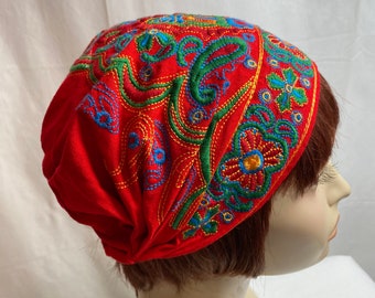 Colorful red Embroidered textile hat women’s scrub cap style 100% cotton boho hippie vibes~ bandanna style beanie elastic fitted