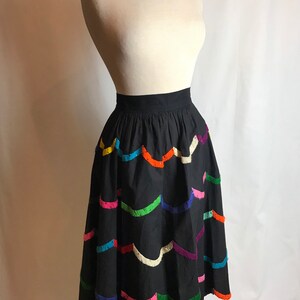 50s cotton patio skirt fit & flare pinup rockabilly Rainbow embroidery embroidered colorful black Teresa Original Taxco 26 waist image 5