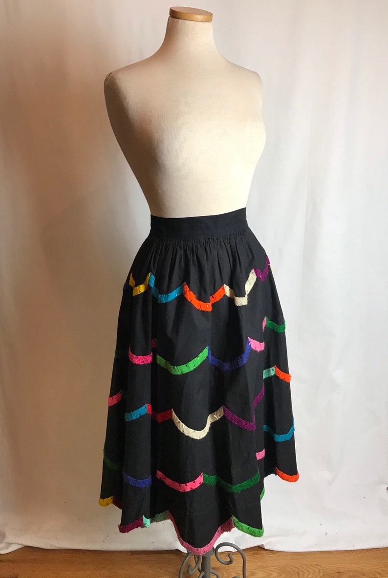 50s cotton patio skirt fit & flare pinup rockabilly Rainbow embroidery embroidered colorful black Teresa Original Taxco 26 waist image 5