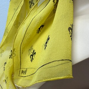 Vera 100% crepe silk scarf/ Fleur-des-lis print/yellow & black sheer long thin neck scarves head scarf neckerchief image 9