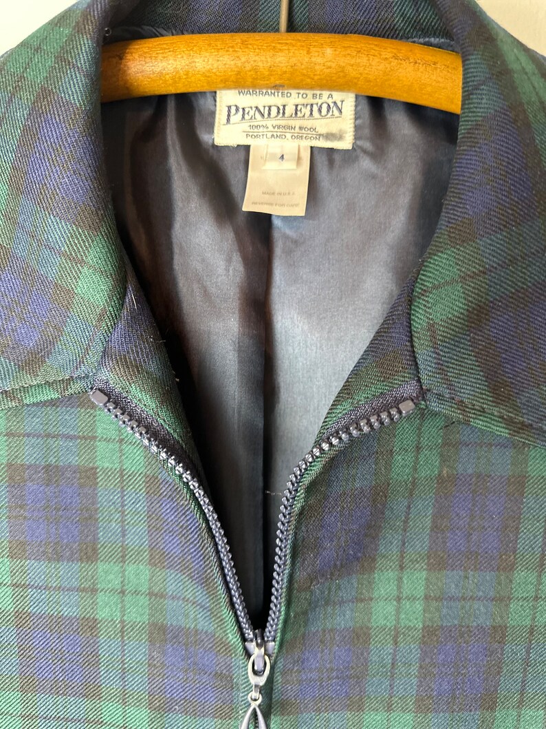 Pendleton plaid jacket Womens lightweight wool nipped waist 1990s green blue tartan plaid coat 49er style /size Small image 8