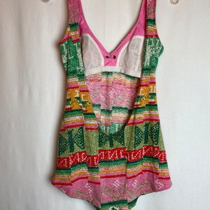 60s 70s boho hippie swimsuit one piece Sexy jersey knit pink & green print bathing suit groovy retro pattern size 6ish Medium image 5