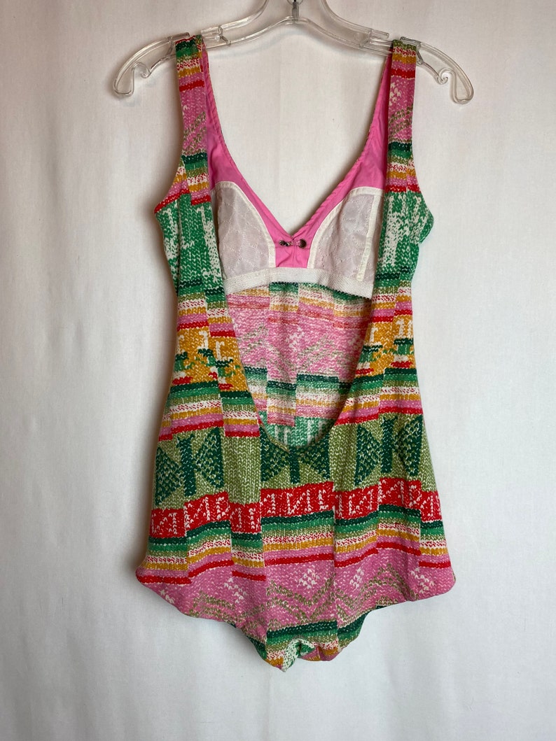 60s 70s boho hippie swimsuit one piece Sexy jersey knit pink & green print bathing suit groovy retro pattern size 6ish Medium image 5