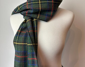 Vintage 1960’s  plaid wool scarf ~ dark green tartan plaid lambswool long thin fall & winter warm scarf