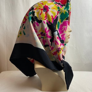 Vintage all silk scarf Vibrant colorful floral print had rolled unique XLG square style wall art shawl neck scarf headscarf image 9