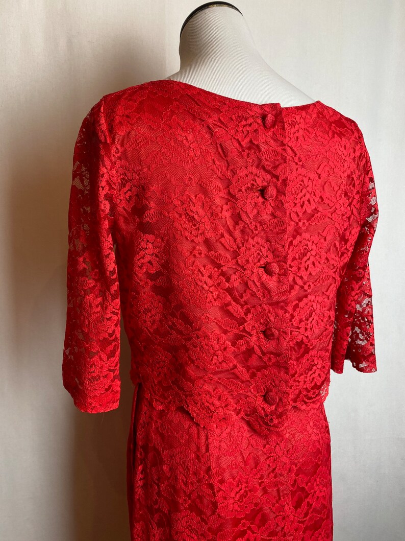 60s Coral red lace dress pencil skirt with cropped layered top 1960s Mod Retro set/suit Valentines Day dress size 26 waist/ small image 10