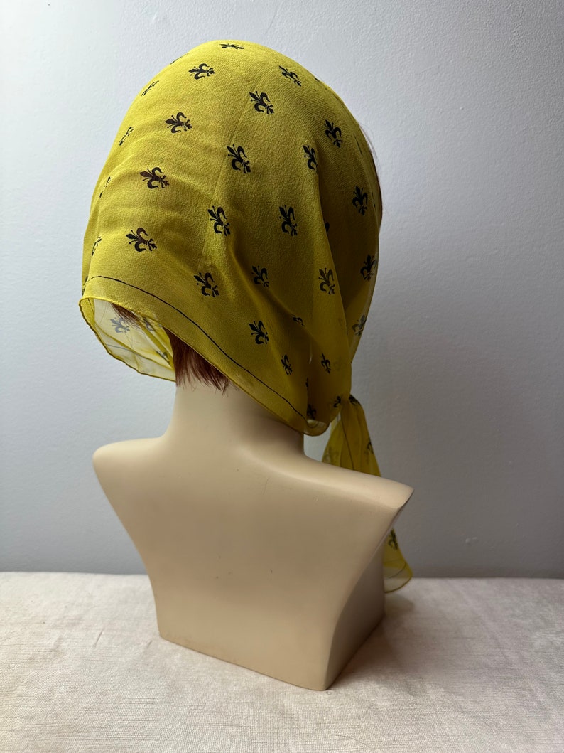 Vera 100% crepe silk scarf/ Fleur-des-lis print/yellow & black sheer long thin neck scarves head scarf neckerchief image 7