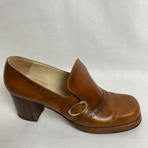 Sexy 70s chunky heel platform style shoes chestnut leather womens heels buckle slip on wide heel smaller size petite image 7