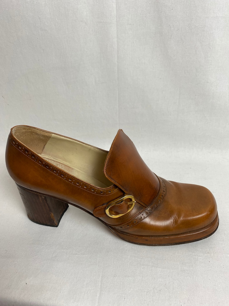 Sexy 70s chunky heel platform style shoes chestnut leather womens heels buckle slip on wide heel smaller size petite image 7