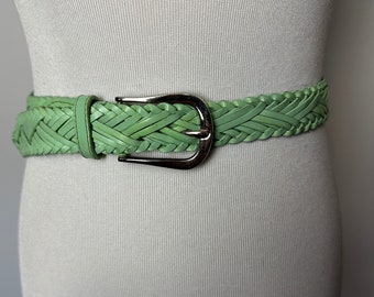 Vintage braided leather belt~ bright seafoam green color woven boho style Skinny trouser belts Volup open size fits up to 39” waist