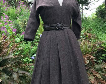 50s charming chocolate brown pinstriped tweed wool fit & flare~ dolman sleeves~ sharp tailored  sweater dress with belt size 26” waist