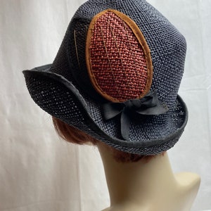 Fabulous vintage hat cloche style 1960’s does 20’s look~ beautiful navy blue with organic shapes straw woven versatile/Larger size