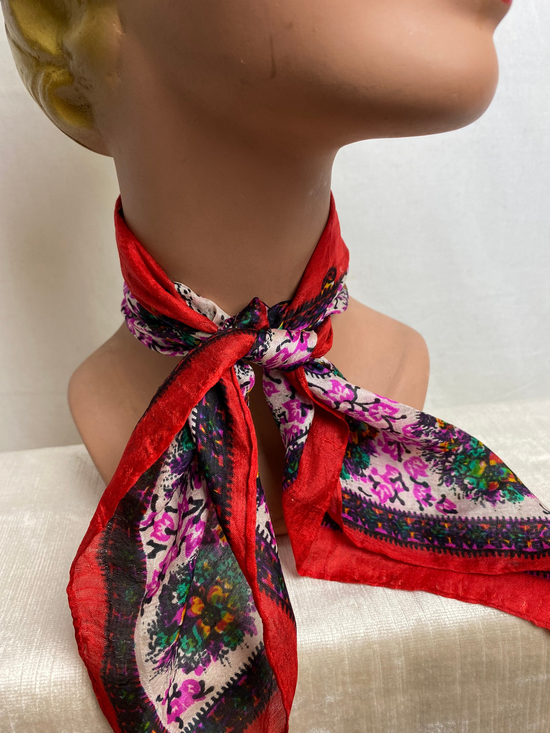 Beautiful Silk Scarf~ 40's 50's Colorful Hand Rolled Floral Square