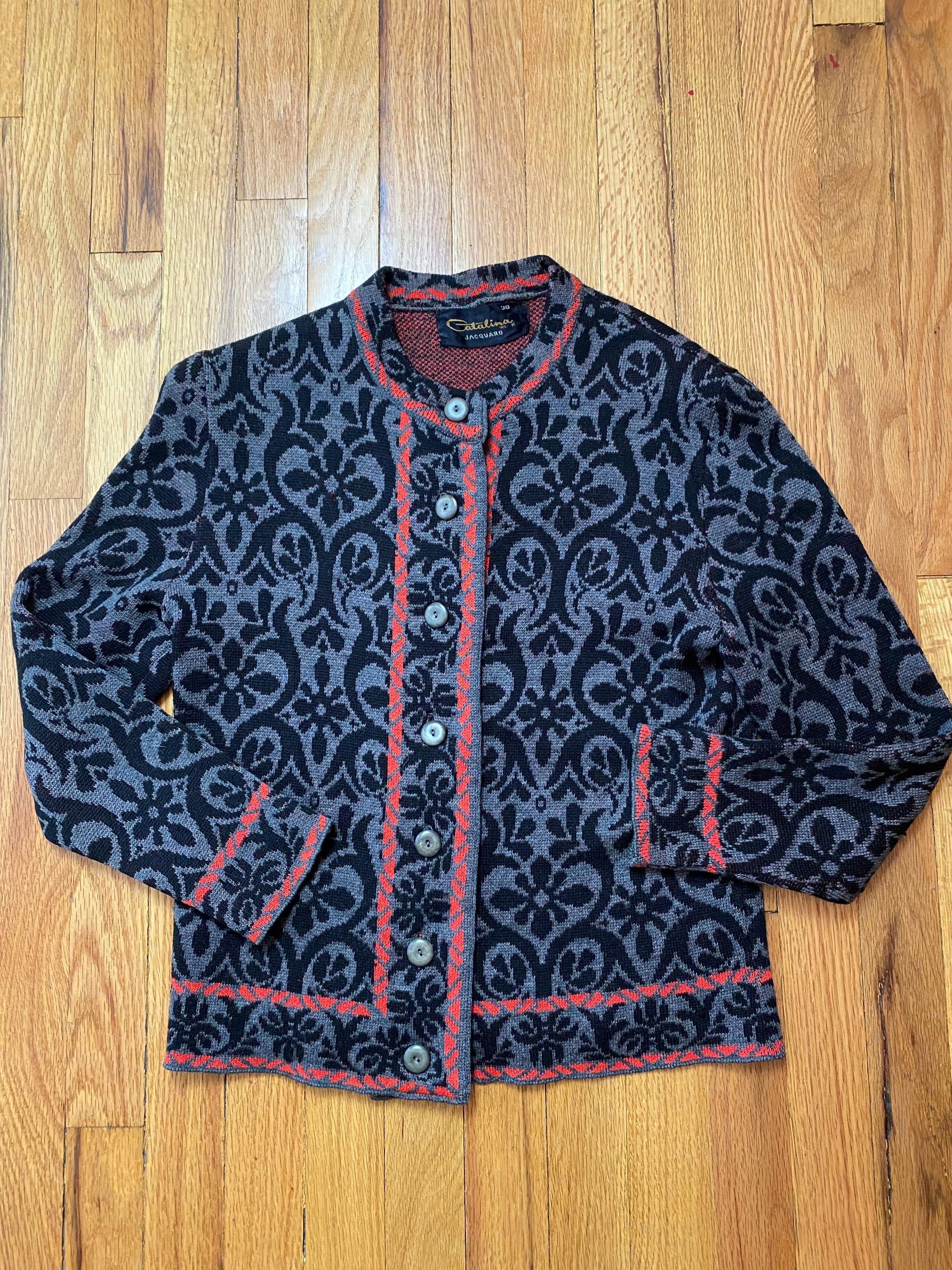 60's Vintage Catalina Wool Cardigan Sweater~floral Pattern