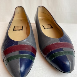 1980s retro color block leather shoes by Nina/ slip on flats womens vintage fashion grey blue green burgundy/ Ninas 80s /US size 7 image 1