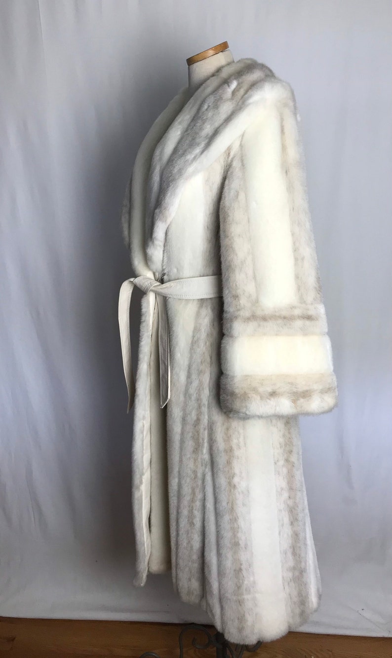 70s beautiful white faux fur princess coat belted waist exaggerated belled sleeves gorgeous lush furry fake glamorous vintage size M image 2