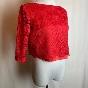 60s Coral red lace dress pencil skirt with cropped layered top 1960s Mod Retro set/suit Valentines Day dress size 26 waist/ small image 6