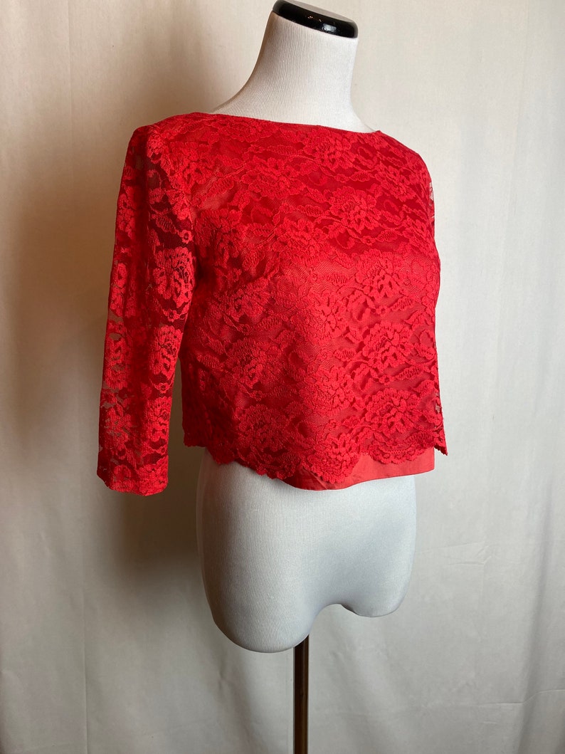 60s Coral red lace dress pencil skirt with cropped layered top 1960s Mod Retro set/suit Valentines Day dress size 26 waist/ small image 6