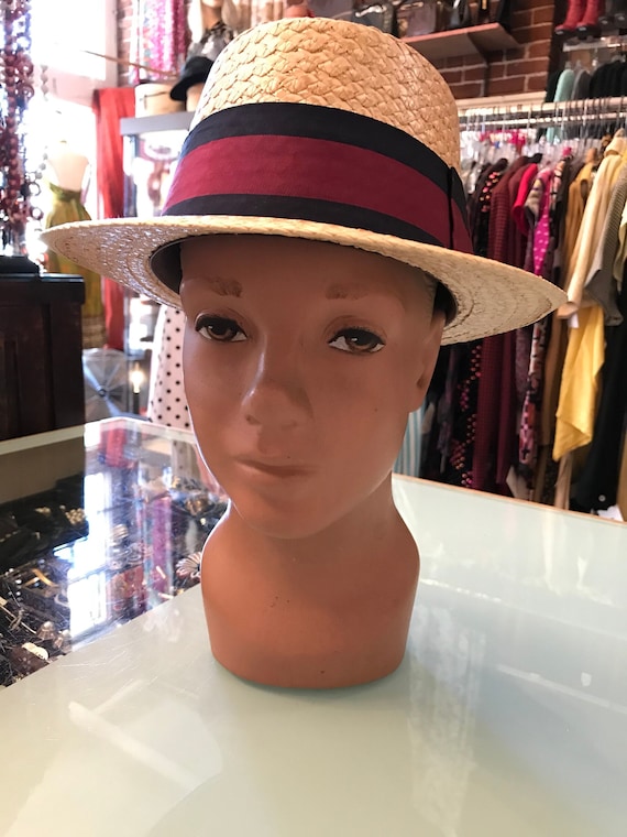 40's 50's Boater Hat Summer Straw Hat Vintage Mens Stylish Red