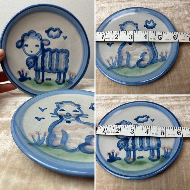 Ma Hadley Pair of small plates cat & lamb farmhouse cottagecore vintage dish wear blue handmade ceramic image 2
