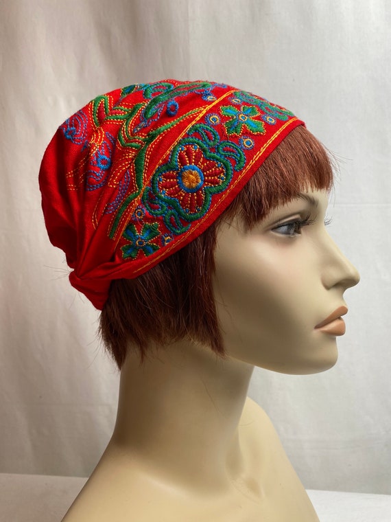Colorful red Embroidered textile hat women’s scru… - image 4