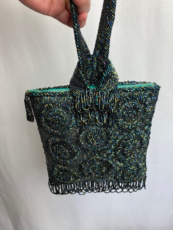 Beautiful vintage beaded bag emerald green with m… - image 1