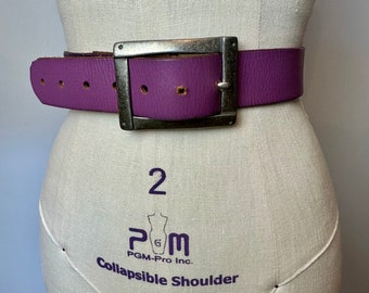 Bill Adler belt~ bright lilac purple leather 1990’s wide strap~ excellent quality belt with a silver tone nickel buckle ~ unisex size LG/ XL