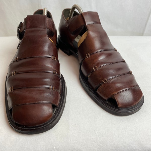 90’s Men’s brown leather sandals/ shoes buckles thick chunky sole classic preppy retro stacked wood heel ~made in Spain size 91/2