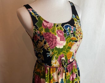 90’s Betsey Johnson Rayon floral jumpsuit romper sleeveless black lovely flower pattern tank 1930s insp wide full leg size small