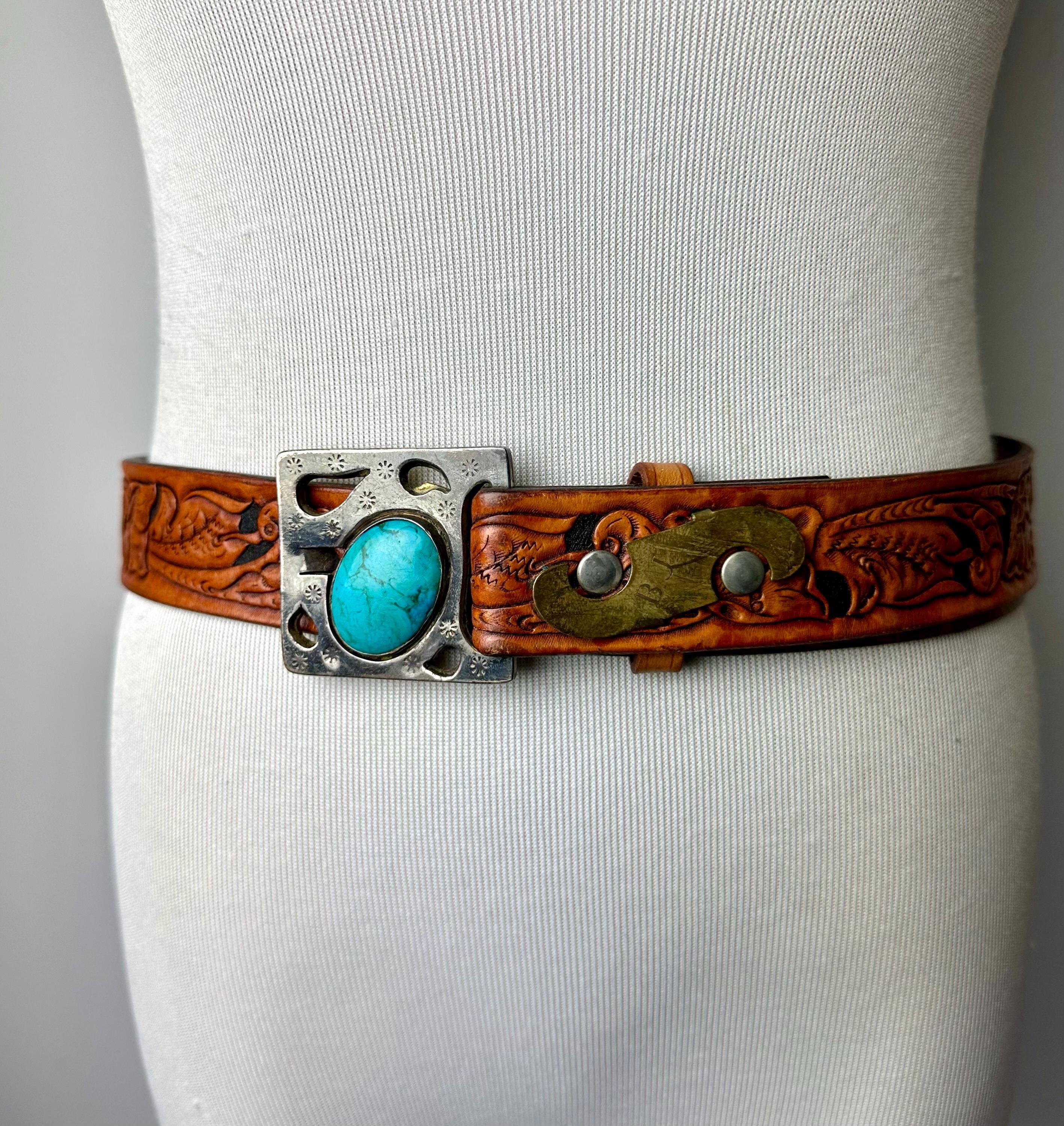 Vintage Tooled Leather Belt: Turquoise Buckle, Monogrammed 