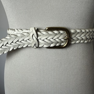 Vintage Braided Woven Leather Belt/ White/ Boho Hippie Style 