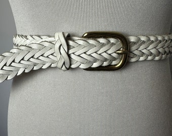 Vintage braided woven leather belt/ White/ boho hippie style~ long skinny trouser belt~ 80’s 90’s style/ open size up to 35.5” waist / volup