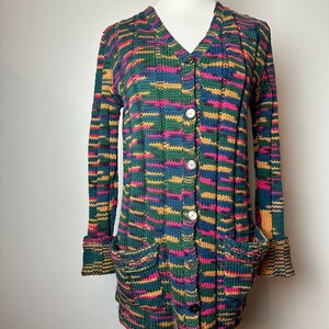 Vintage hand made sweater 1970s v-neck cardigan with pockets Boho patchwork style weave colorful fitted long ribbed wool size Mediumish image 4
