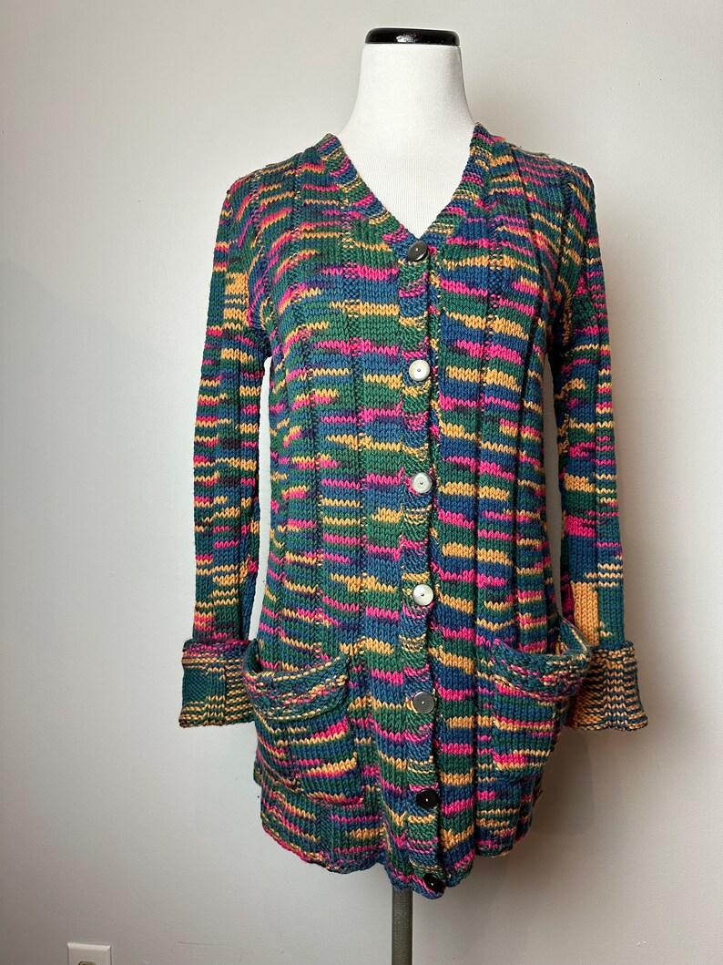 Vintage hand made sweater 1970s v-neck cardigan with pockets Boho patchwork style weave colorful fitted long ribbed wool size Mediumish image 4