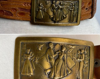 Vintage Western belt & buckle ~Square dancing  tooled leather belt~ large brass novelty buckle~ Personalized gift snaps on/off~ unisex XL
