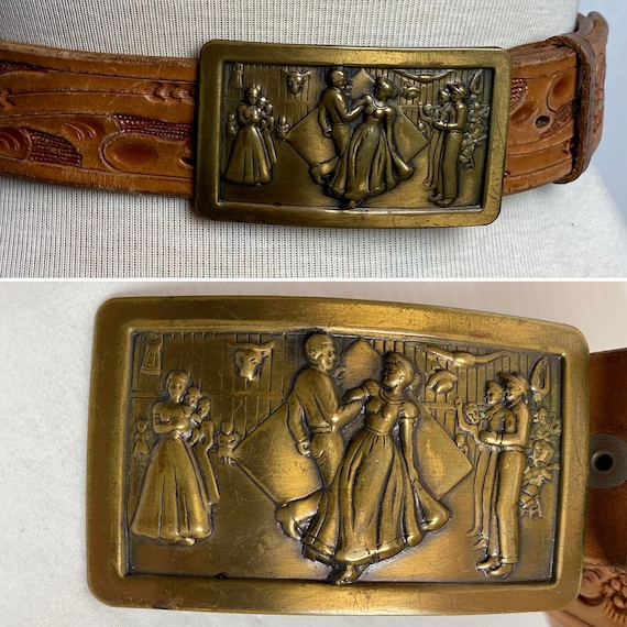Vintage Western Belt & Buckle ~square Dancing Tooled Leather  display picture 2