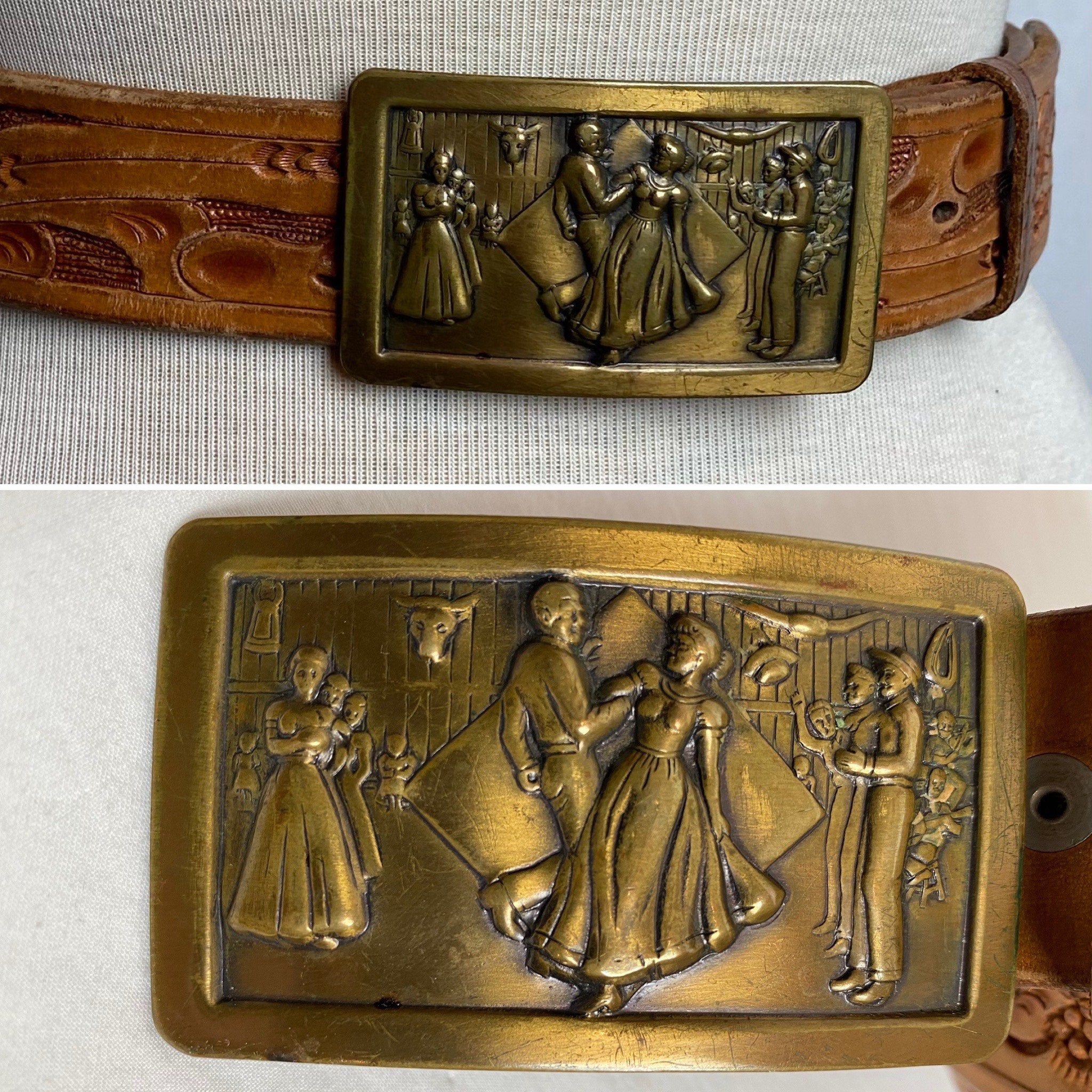 Vintage Tooled Leather Belt Buckles Square Dancers Motley\'s lot of 2 oval Cowboy Vintage Western Belt & Buckle ~square Dancing Tooled Leather  main image 2