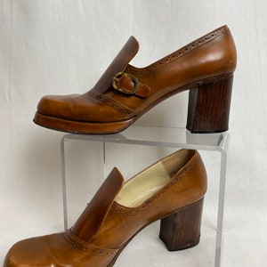 Sexy 70s chunky heel platform style shoes chestnut leather womens heels buckle slip on wide heel smaller size petite image 4