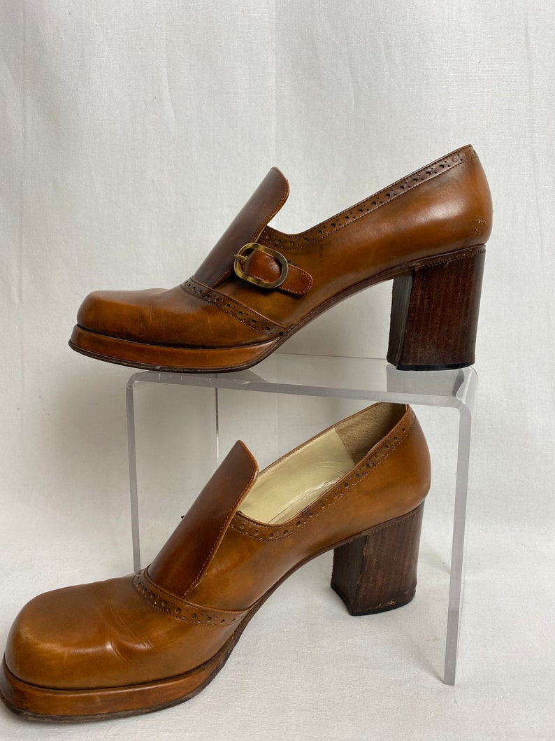 Sexy 70s chunky heel platform style shoes chestnut leather womens heels buckle slip on wide heel smaller size petite image 4