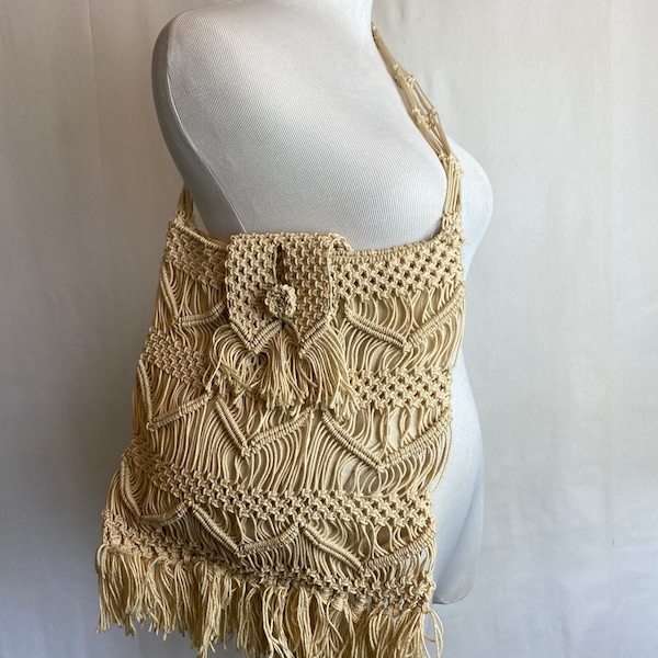 Sac Bandoulière Hippie Macramé Franges - Style Boho Avec Perles - Beige Doublé - Occasion Bon état