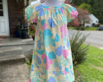 60’s deadstock mini dress~ A line smock puff sleeves Summer dress tunic flower power floral print baby blue pink beige size SM